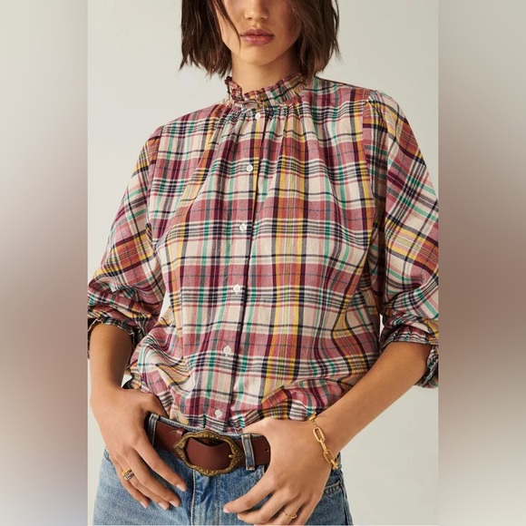 Ba&sh Womens Medium Betsy Ruffled Plaid Button Down Shirt Beige Multi Check Fall - Picture 1 of 14
